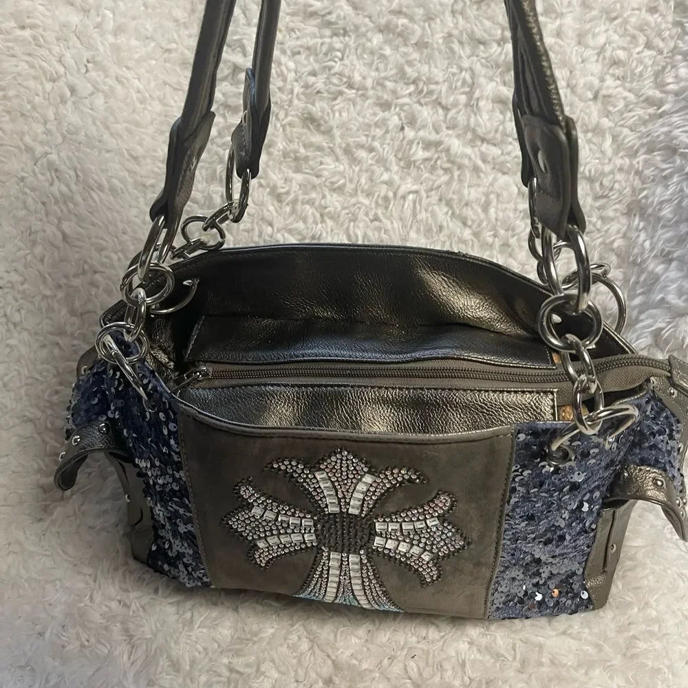 Stylish Blue &Silver Rhinestones cross embroidery & sequins metallic gray Bag